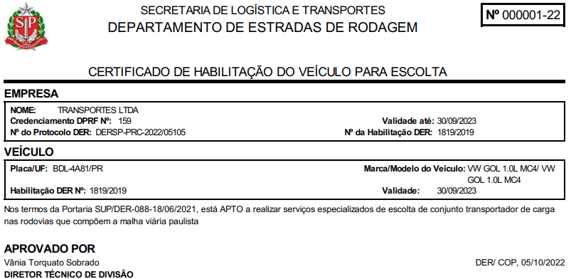 Certificado de Habilitação do Veículo para Escolta